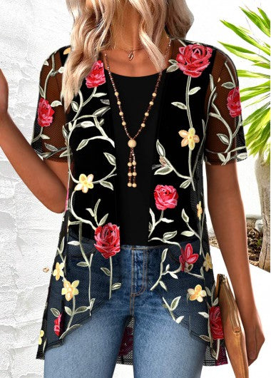 Modlily Black Floral Print Short Sleeve Cardigan and Tank Top - XL
