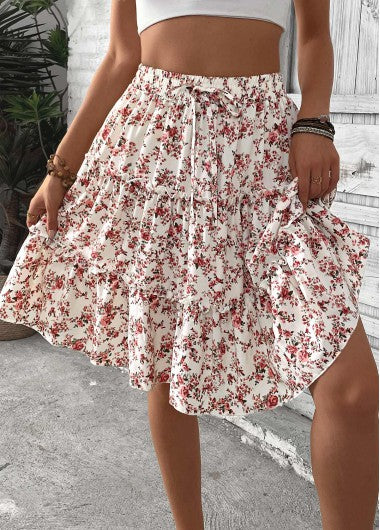 Modlily Brick Red Ditsy Floral Print A Line Skirt - L