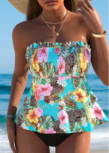 Modlily Mid Waisted Floral Print Multi Color Tankini Top - L