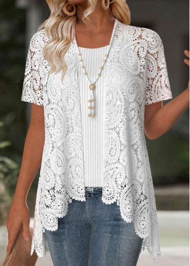 Modlily White Short Sleeve Embroidery Light Cardigan - L