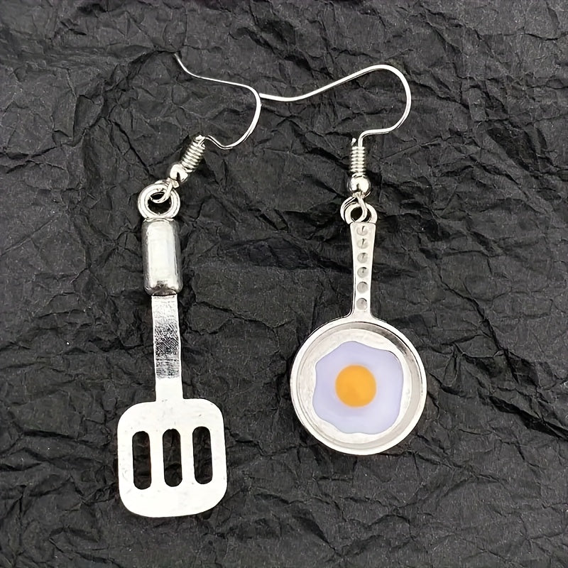 TEMU Y2k Spatula & Fried Egg Dangle Earrings - Alloy & Iron Creative Simulation Realistic Kitchen Utensil & , Quirky Everyday Jewelry Gift For Women