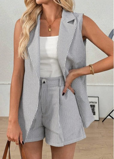 Modlily Grey Striped Sleeveless Short Sleeve Cardigan and Shorts - S