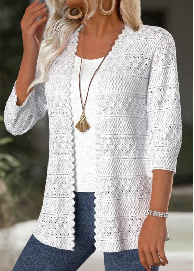 Modlily White 3-4 Sleeve Texture Light Cardigan - L