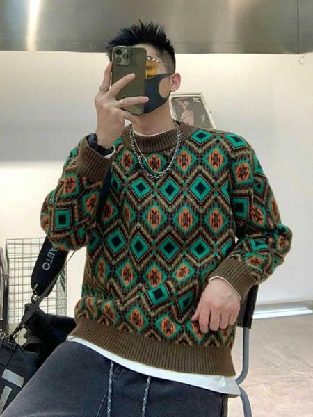 Mens clothing Mens round neck Argyle pull-out knitted sweater suitable for knitting warm mode large size X241126