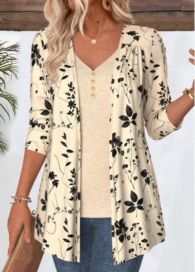Modlily Beige Leaf Print 3-4 Sleeve Light Cardigan - M