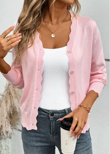 Modlily Pink Tummy Coverage Long Sleeve V Neck Light Cardigan - L