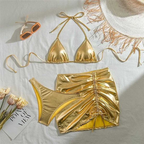 Gold mini thong bead 3-piece bikini set for women suspender swimsuit set for women swimsuit set for womenW241225