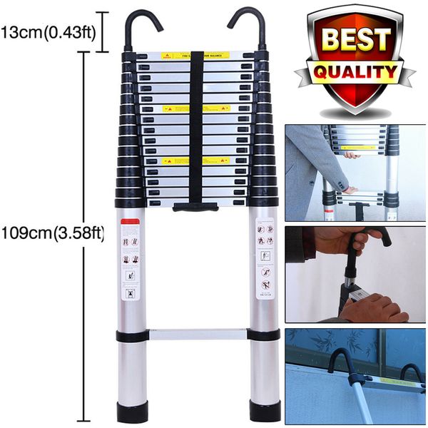 6.2M-20.3Ft Heavy Duty Telescc Ladder With Removable Hook Aluminum Folding Ladder Non-Slip Fixed Extendable Sturdy 15 Steps