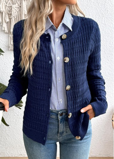 Modlily Navy Button Long Sleeve Round Neck Cardigan - M