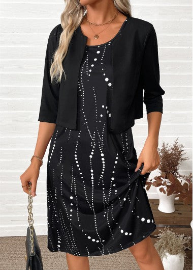 Modlily Black Tummy Coverage Polka Dot Dress and Cardigan - L