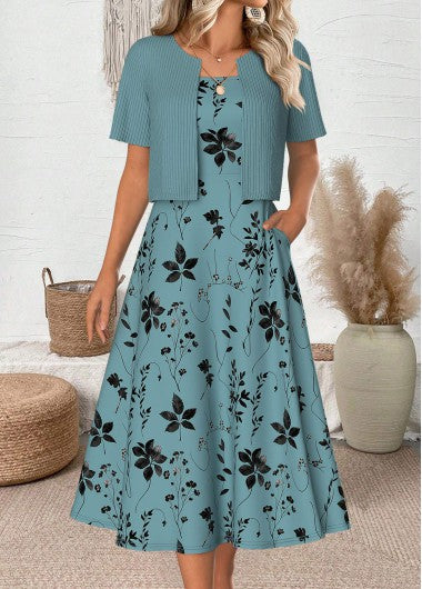 Modlily Cyan Leaf Print 3-4 Sleeve Dress and Cardigan - M