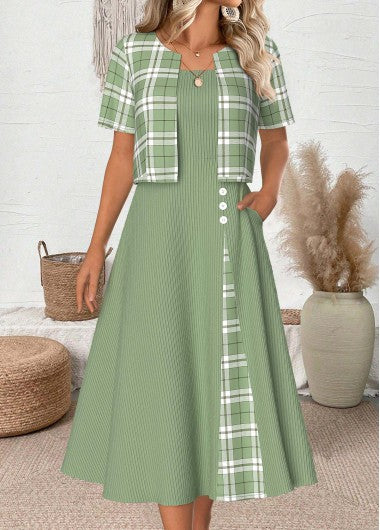 Modlily Light Green Plaid 3-4 Sleeve Dress and Cardigan - L