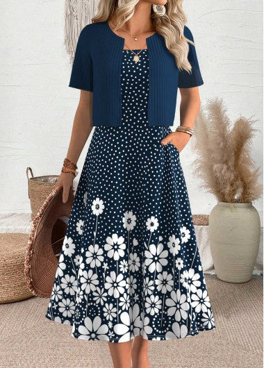 Modlily Navy Polka Dot Short Sleeve Dress and Cardigan - XL