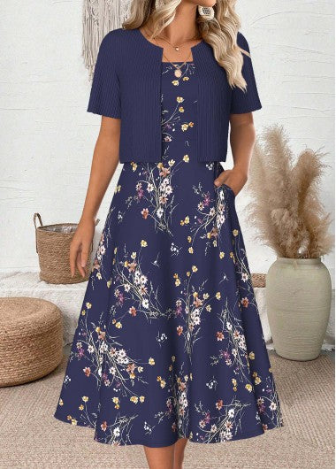 Modlily Navy Floral Print Half Sleeve Dress and Cardigan - XXL