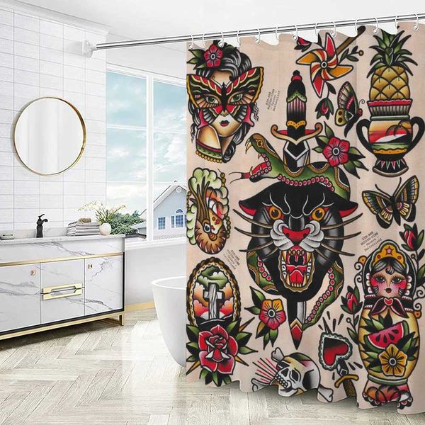 New School Tattoo European Curtains Quartet Shower Curtains Bathroom Set Full Set Folding Partition Accessories Bathroom Bedroom W240808