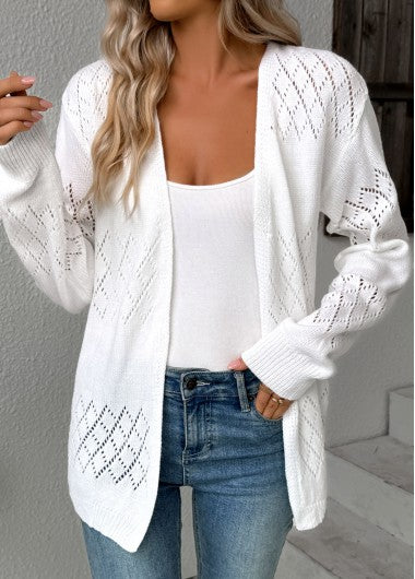 Modlily White Tummy Coverage Hollowedout Long Sleeve Cardigan - L