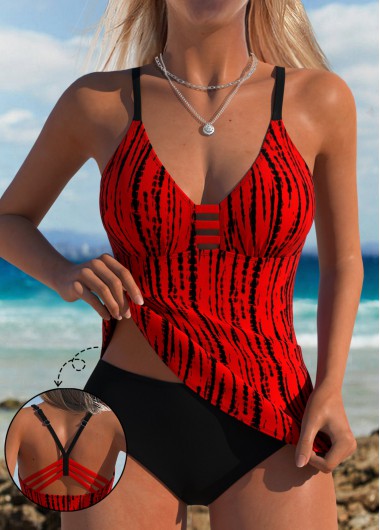Modlily Tie Dye Print Red Tankini Top - M