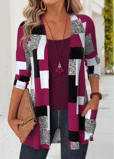 Modlily Dark Reddish Purple Geometric Print Long Sleeve Light Cardigan - L