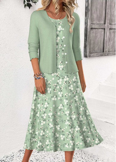 Modlily Sage Green Ditsy Floral Print Dress and Cardigan - XXL