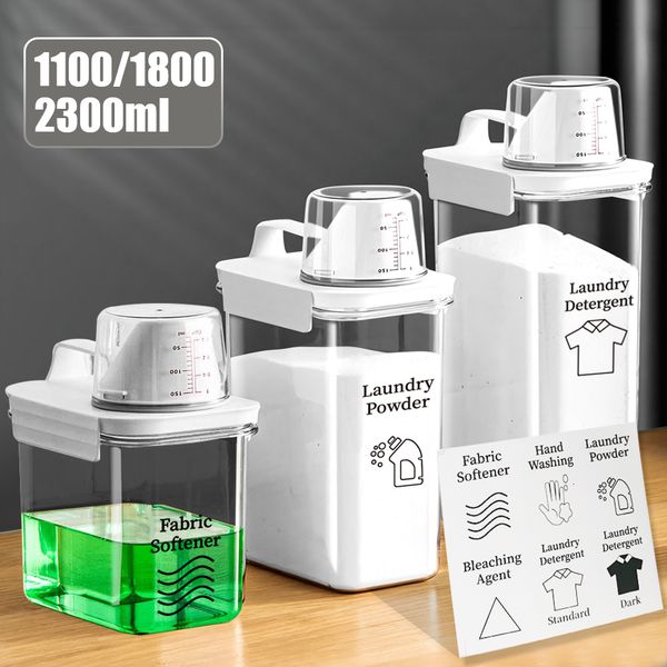 Storage Boxes Bins Airtight Laundry Detergent Dispenser LeakProof Refillable Empty Tank for Powder Softener Bleach Container with Labels 230