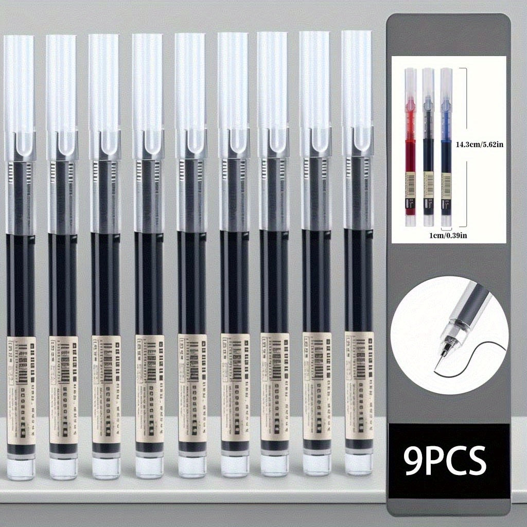 TEMU 9-pack Quick-dry Liquid Gel Pens, 0.5mm Signature Pens With Black- Blue- Red Ink For School, Office & Student Use - Smooth Writing Stationery