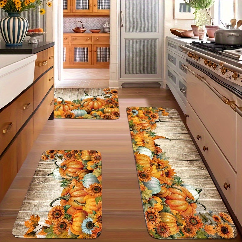 TEMU (product: Sponge Thickness: 8mm, Density: 18d, Square Gram Weight 500) 2-3pcs Set Thanksgiving Kitchen Mat, Wood Grain Pumpkin Mat, Autumn