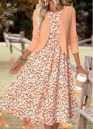 Modlily Orange Ditsy Floral Print Long Sleeve Dress and Cardigan - XXL