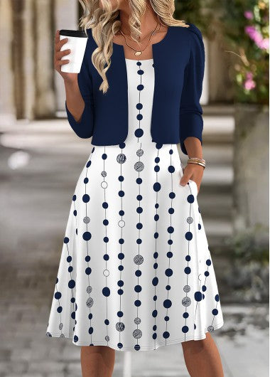 Modlily Navy Polka Dot Long Sleeve Dress and Cardigan - M