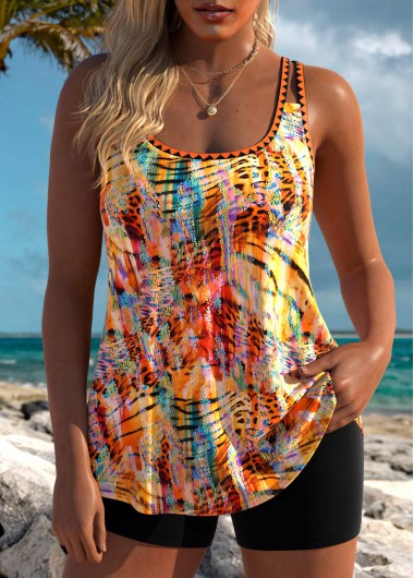 Modlily Animal Print Orange Scoop Neck Tankini Set - L