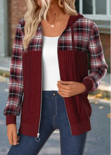 Modlily Wine Red Tummy Coverage Plaid Hoodie and Coat - M