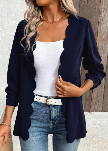 Modlily Navy Scalloped Hem 3-4 Sleeve Light Cardigan - S