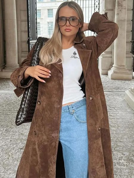 Camurça elegante à prova de vento longa para mulheres com botão duplo da moda casaco de grandes dimensões Autumn Womens High Street Clothing