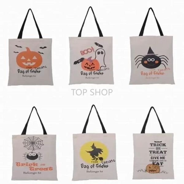 Large Halloween Cotton Canvas Handbag For Treat, Pumpkin Spider Devil Printed Tote Sac, Reusable Trick Or Treat Candy Gift Bags