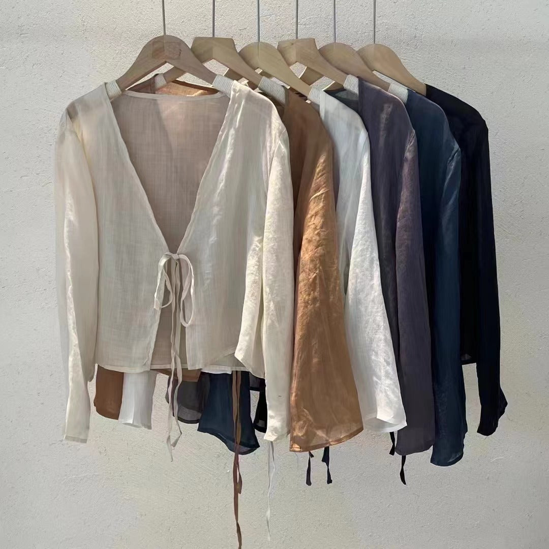 K1261 2025 Summer Korean version of loose slimming simple ramie V-neck lace-up shirt cardigan sunscreen outerwear