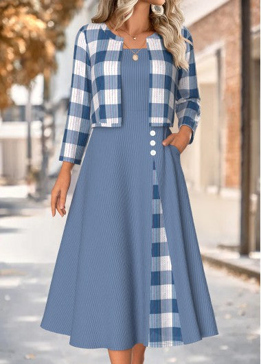 Modlily Dusty Blue Tummy Coverage Plaid Dress and Cardigan - M