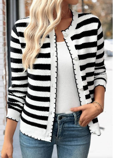 Modlily Black Button Striped Long Sleeve Cardigan - S