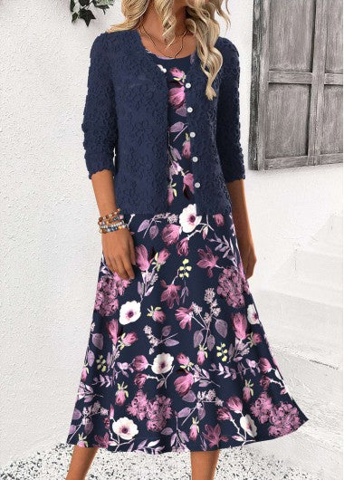 Modlily Navy Tummy Coverage Floral Print Dress and Cardigan - XXL