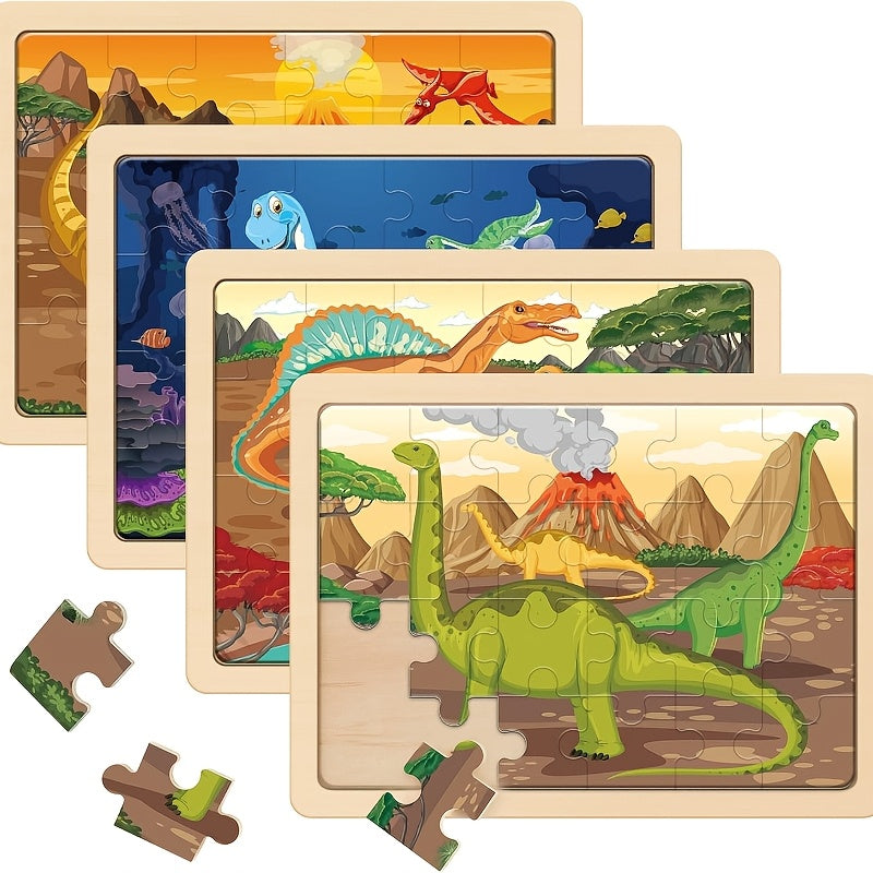 TEMU Wooden Dinosaur Puzzle Is Suitable For Children Aged 3-5 Years, 4 Bags, 24pcs, Preschool Education Brain Sharp Turning Board, Children's Gift,