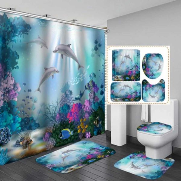 Blue Ocean Underwater World Cute Dolphin 3D Printed Waterproof Shower Curtains with Carpet Toilet Lid Bathroom Mat Set Bathroom Decoration W
