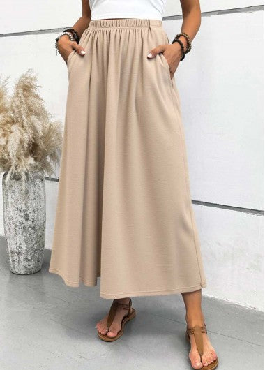 Modlily Light Camel Pocket A Line Elastic Waist Maxi Skirt - S