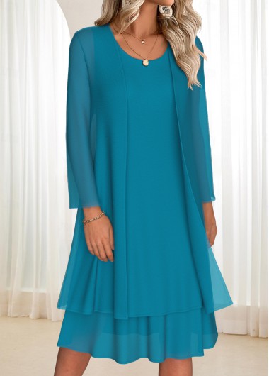Modlily Turquoise Tummy Coverage Long Sleeve Dress and Cardigan - XL