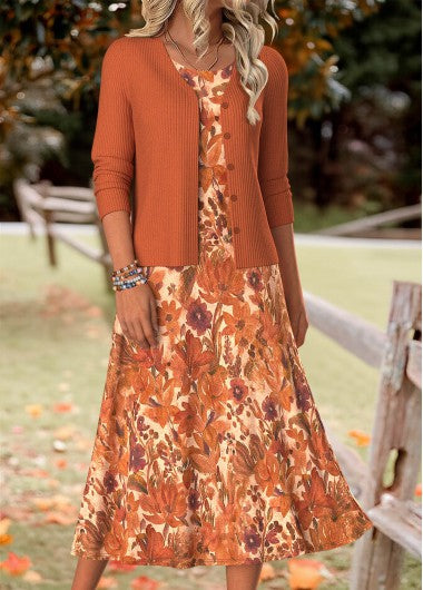 Modlily Orange Tummy Coverage Random Floral Print Dress and Cardigan - XL