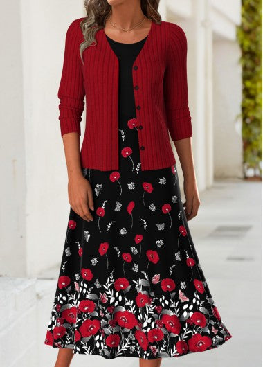 Modlily Red Tummy Coverage Floral Print Dress and Cardigan - XL