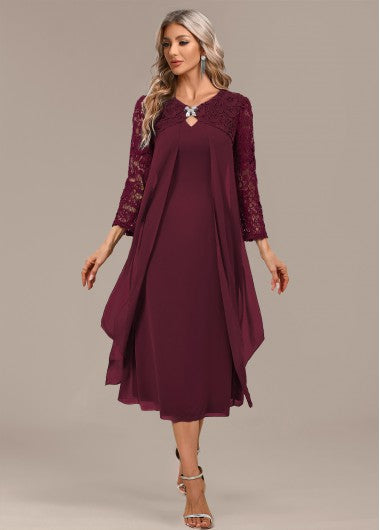 Modlily Wine Red A Line 3-4 Sleeve Round Neck Dress - S