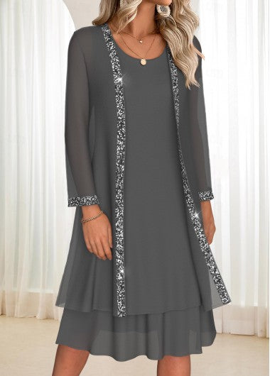 Modlily Dark Grey Tummy Coverage Long Sleeve Dress and Cardigan - S