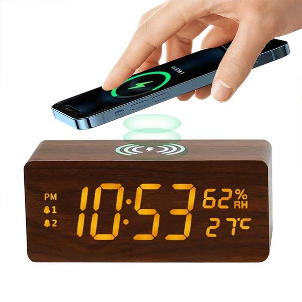 USB Wooden Digital Alarm Clock with Wireless Charging LED Display Thermometer Humidity Clock for Office Desk Small Bedside Clock Y240904