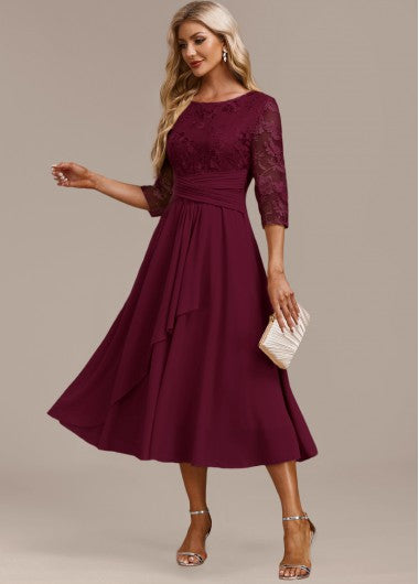 Modlily Wine Red Embroidery 3-4 Sleeve Round Neck Dress - XL