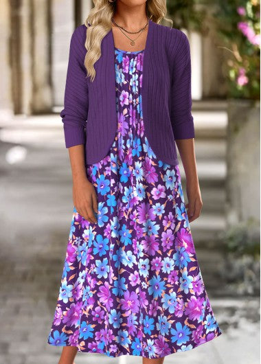 Modlily Purple Tummy Coverage Floral Print Dress and Cardigan - XL