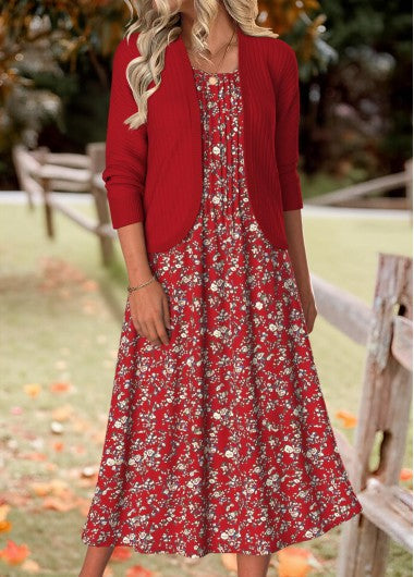 Modlily Wine Red Tummy Coverage Floral Print Dress and Cardigan - L