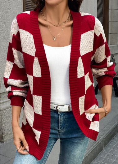 Modlily Wine Red Tummy Coverage Plaid Long Sleeve Cardigan - S